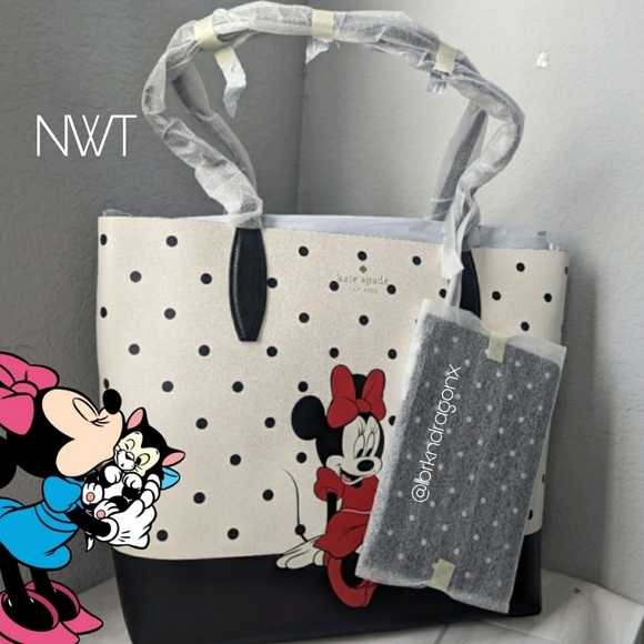 NWT KATE SPADE DISNEY Minnie Mouse & Figaro Reversible Polka Dot Tote & Pouch - Picture 16 of 16